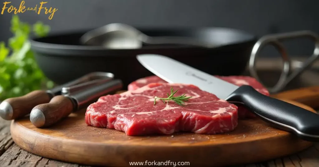 Essential cooking tools for preparing beef flap meat steak, including a meat tenderizer, butcher’s knife, meat fork, and cast-iron skillet on a rustic wooden cutting board.