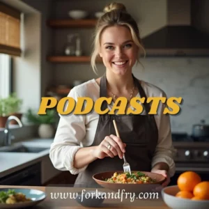 Smiling woman in kitchen preparing a colorful dish with the word "PODCASTS" overlaid, promoting Fork and Fry podcast.