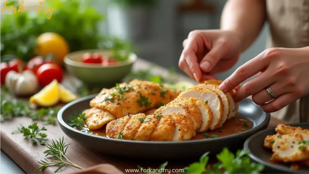 A woman's hands preparing a beautifully arranged chicken thin sliced breast recipes, with fresh herbs, lemon slices, cherry tomatoes, garlic, and spices in a warm, rustic kitchen setting.
