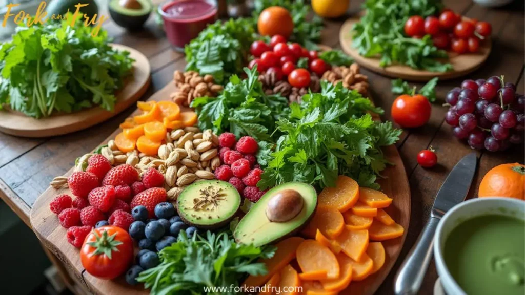 Vibrant and colorful spread of healthy raw vegan dishes, including a salad with leafy greens, cherry tomatoes, cucumbers, avocado slices, raw hummus, vegetable sticks, and a berry-kale smoothie, garnished with fresh herbs on a rustic wooden table