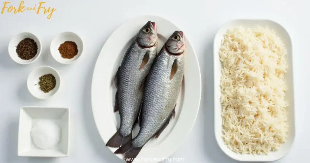 Fresh Whole Fish with Spices and Uncooked Basmati Rice Two whole fresh fish on a white plate with aromatic spices and uncooked basmati rice.
