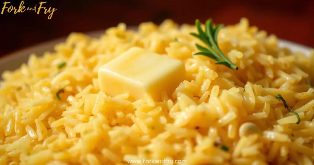 Delicious garlic butter rice with melted butter, garlic slivers, and a touch of parsley