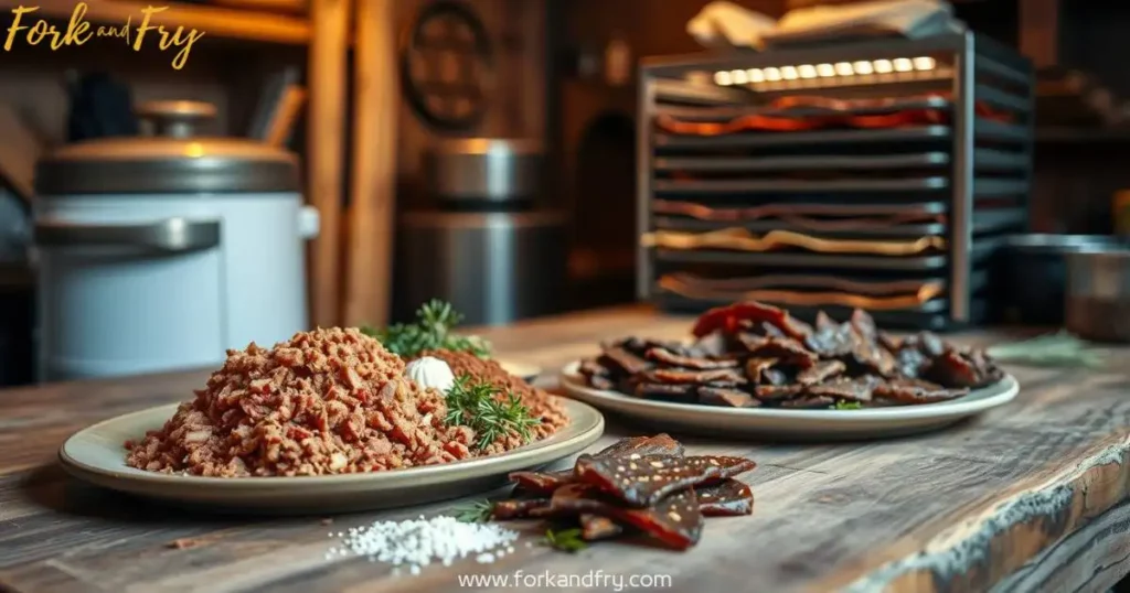 Ground Venison Jerky Recipe - Homemade and Flavorful Ground venison, spices, herbs, and freshly made venison jerky arranged on a wooden countertop with a dehydrator in the background, in a rustic kitchen setting
