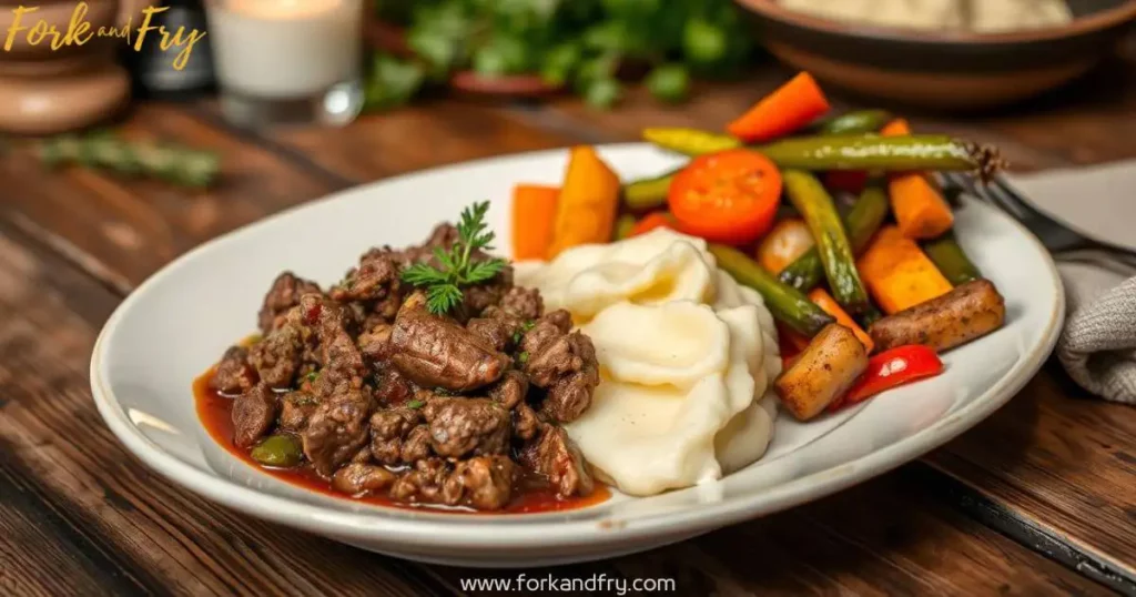 A rustic ground venison meal served on a wooden table, featuring roasted vegetables, creamy mashed potatoes, and garnished with fresh herbs, illuminated by warm candlelight.
