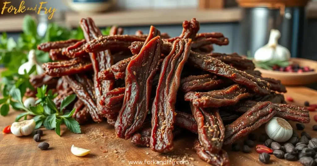 Homemade Ground Venison Jerky Sticks - Traditional Meat Preservation Homemade ground venison jerky sticks on a rustic wooden table surrounded by fresh herbs, garlic, peppercorns, and a cozy kitchen backdrop.
