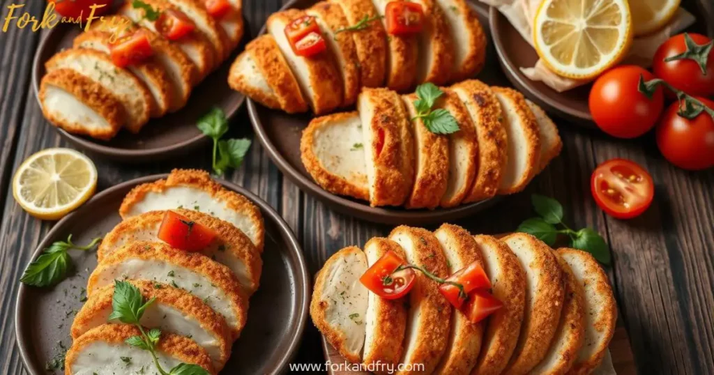 Italian-Inspired Thin Sliced Chicken Cutlet Recipes – Crispy & Delicious A variety of Italian-inspired thin-sliced chicken cutlet recipes, breaded and fried to golden perfection, displayed on a rustic wooden table with fresh herbs, tomatoes, and lemon slices.