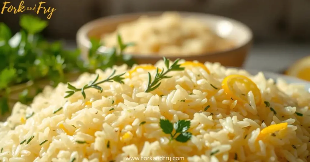 Vibrant lemon herb basmati rice with fresh thyme, parsley, and lemon zest, perfect for seafood.
