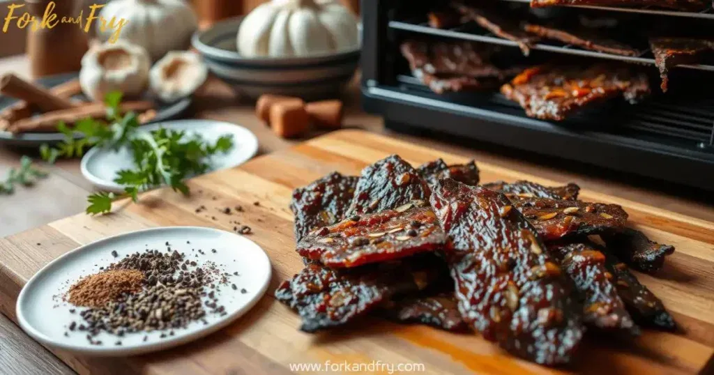 Marinated venison jerky on a wooden chopping board, spices, herbs, and a food dehydrator with jerky strips in the background, in a rustic kitchen setting.