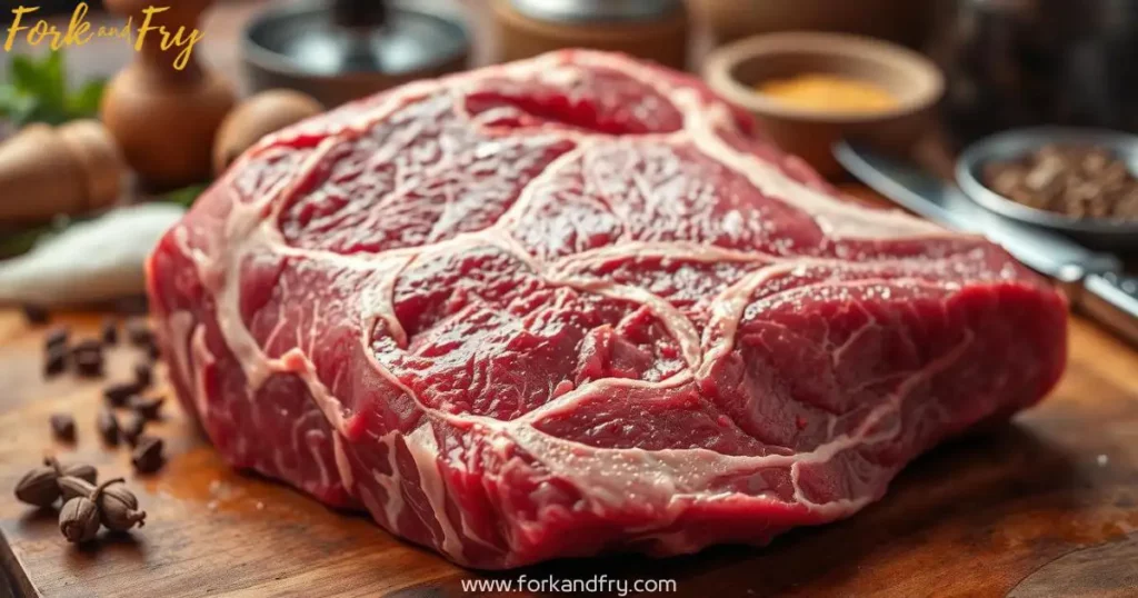 A raw slab of beef flap meat with rich marbling, glistening under warm lighting on a rustic wooden surface, surrounded by kitchen tools and spices.