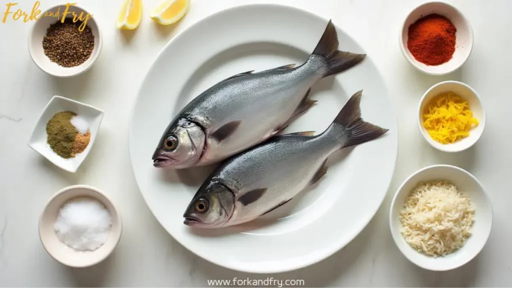 Flat-lay of fresh fish, aromatic spices, and uncooked basmati rice, showcasing ingredients for cooking rice with fish