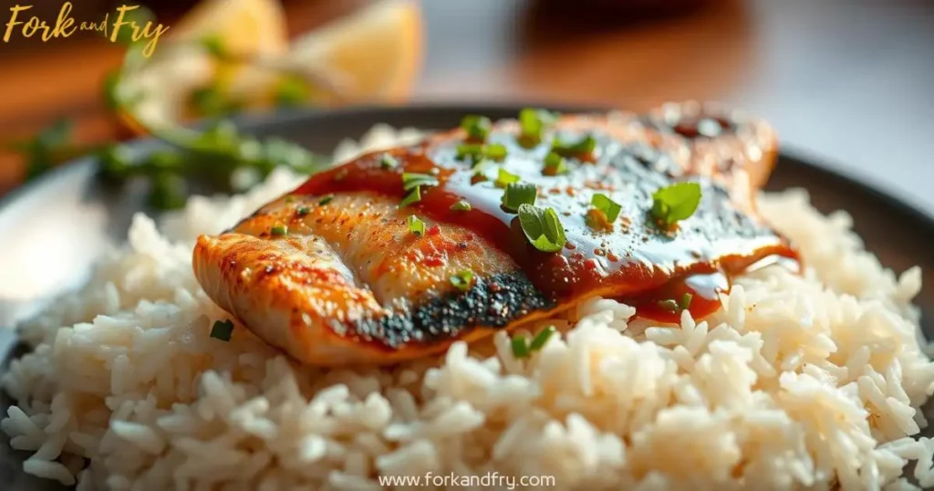 Pan-Seared Fish with Rice and Savory Sauce Plate of freshly cooked white rice with pan-seared fish fillet, garnished with green herbs and savory sauce.