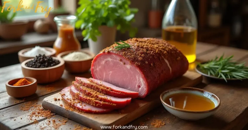 A rustic wooden table adorned with an array of spices, herbs, and seasonings, including coarse salt, black pepper, garlic powder, paprika, and brown sugar. In the center of the table, a beautifully arranged deer ham is coated with a spice rub, its marbled surface glistening. Nearby, a shallow bowl of marinade with olive oil and fresh herbs like rosemary, thyme, and parsley sits, ready to infuse the meat. Soft natural light filters through a window, creating a warm, inviting atmosphere.