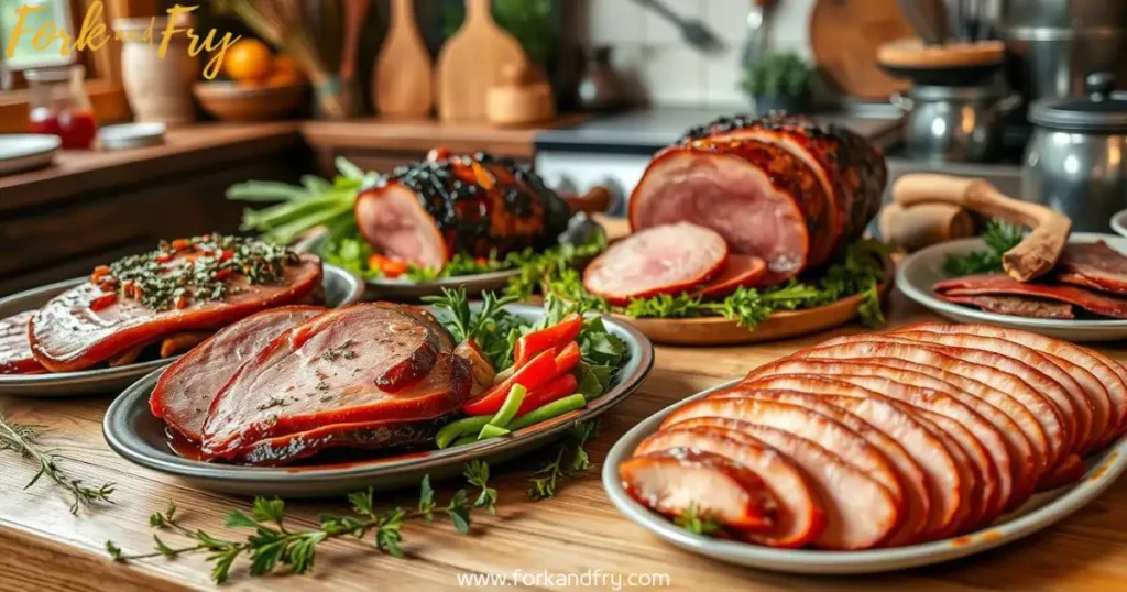 A rustic kitchen scene featuring glazed deer ham with herbs, smoked deer ham with a charred crust, and thinly sliced deer ham, laid out on a wooden table with fresh vegetables and garnished herbs. Natural lighting highlights the rich colors of the meats, with kitchen utensils and wild game decor in the background.