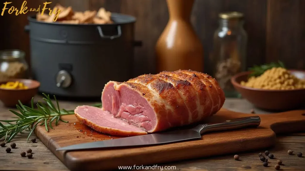 A beautifully smoked venison ham, sliced to showcase its juicy interior and caramelized crust, resting on a rustic wooden countertop. A sharp carving knife and wooden cutting board sit nearby, while stacks of wood chips and a smoking rack hint at the cooking process. The warm lighting and inviting atmosphere emphasize the satisfying craft of smoking venison to perfection.