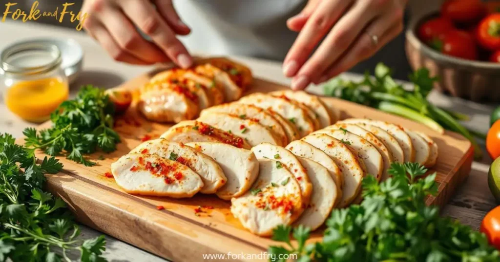 Thin Sliced Breast Recipes – Flavorful & Easy Cooking Ideas Thinly sliced chicken breasts marinated in vibrant spices, arranged on a wooden cutting board with fresh herbs and colorful vegetables, with a woman's hands mixing ingredients in the background