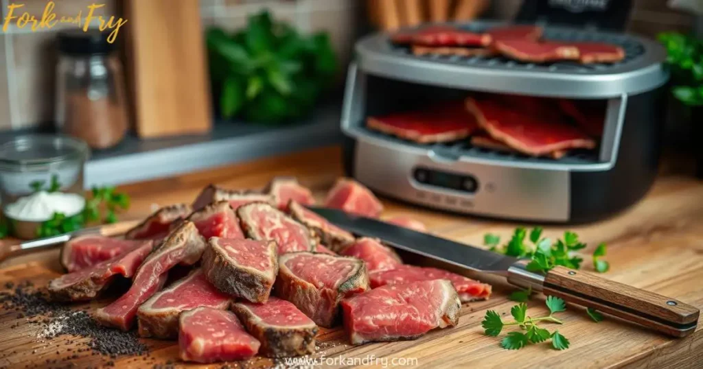 Fresh Venison Cuts and Food Dehydrator - Preparing for Jerky Fresh venison cuts, a food dehydrator, scattered spices, and green herbs on a rustic wooden kitchen countertop with a knife.