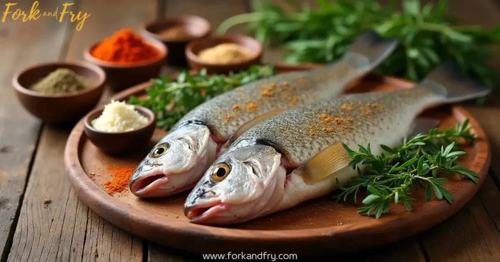 Baked grouper fillet served with lemon wedges and fresh herbs on a white plate.