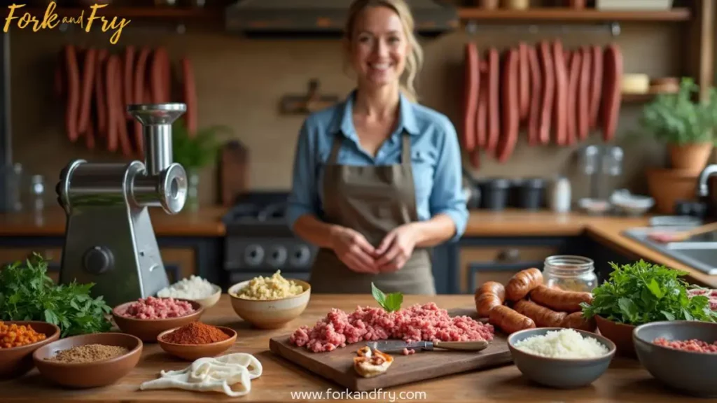 A charming rustic kitchen scene featuring a woman skillfully preparing bratwurst. She is mixing spices and herbs into a bowl of ground meat at a wooden countertop. Bowls of ground meat, spices, and fresh herbs are neatly arranged, while freshly made sausages hang from hooks in the background. A sturdy metal meat grinder and traditional German kitchen tools, including a wooden spoon and ceramic mixing bowl, complete the setup. Soft, warm lighting casts a cozy glow, highlighting the artisanal craft of bratwurst-making.