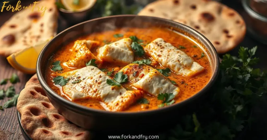 Moroccan Fish Curry – A Spicy and Aromatic Feast A steaming bowl of Moroccan fish curry with white fish fillets, aromatic spices like cumin, coriander, and turmeric, garnished with cilantro, lemon wedges, and naan bread, all bathed in warm lighting.