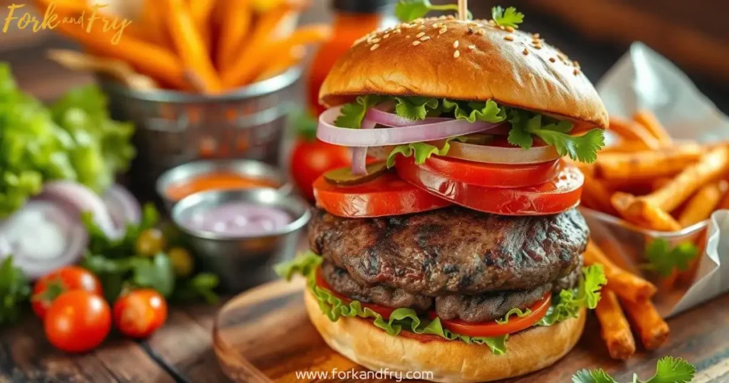 Juicy homemade bison burger with melted cheese, lettuce, and tomato on a toasted brioche bun.