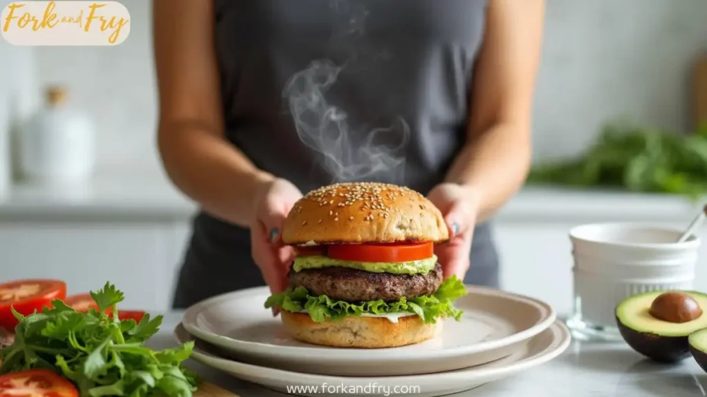 Juicy bison burger patty topped with lettuce, tomato, and red onion, served in a toasted bun.