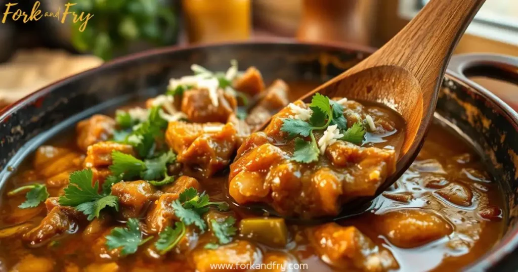 A rustic cast-iron pot of green chili stew with tender pork, roasted chilies, and spices, garnished with cilantro and shredded cheese