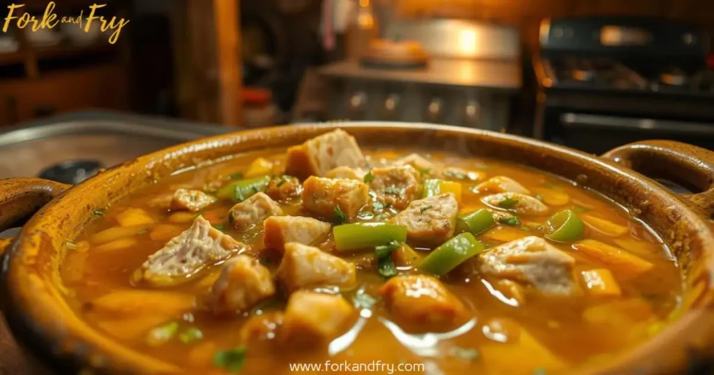 A rustic earthenware pot of slow-cooked green chili stew with tender pork, vibrant peppers, and aromatic herbs, simmering in a rich, fragrant broth