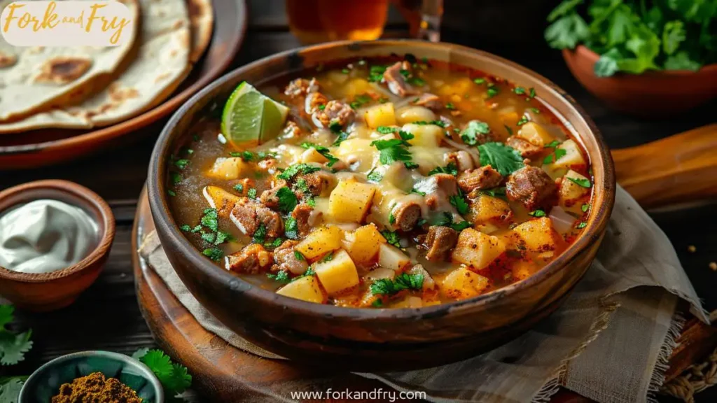 Overhead flat-lay of a complete green chile stew meal with pork, roasted chiles, and potatoes, styled with tortillas, sour cream, and Mexican beer on a walnut table.