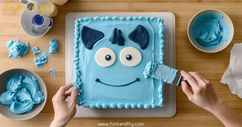 Bluey Cake Making Process Step-by-step Bluey cake making process with vanilla batter, buttercream frosting, and decorations