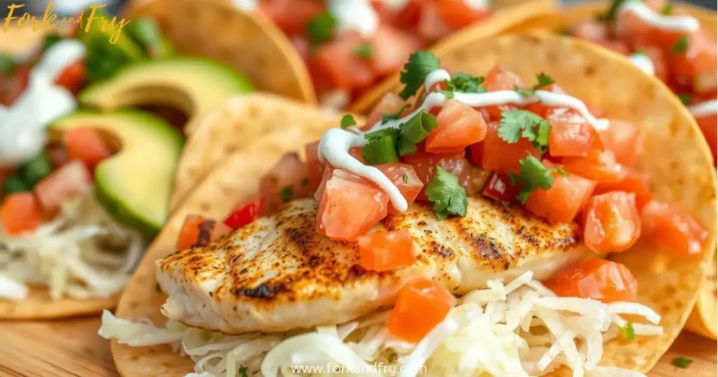Creative fish taco toppings with radishes, pineapple, queso fresco, and sauces on a rustic table