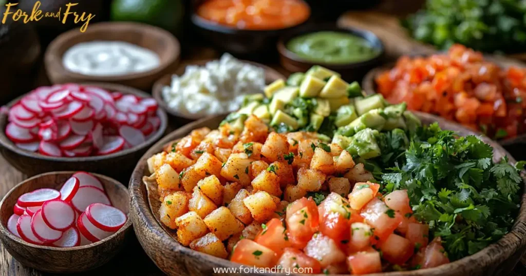 Fish taco toppings with guacamole, taco sauce, and prep tools on a rustic table