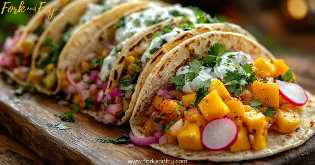 Flavorful fish tacos with grilled fish, pico de gallo, avocado, and crema on corn tortillas