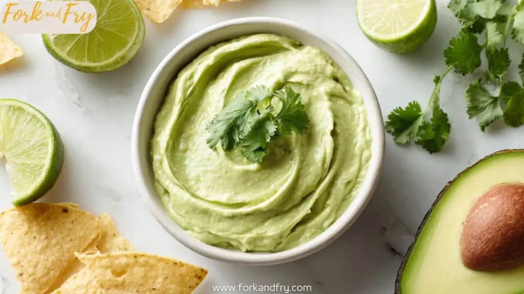 Thick and creamy avocado crema in a white bowl, garnished with cilantro, surrounded by lime wedges and tortilla chips on a white marble counter.