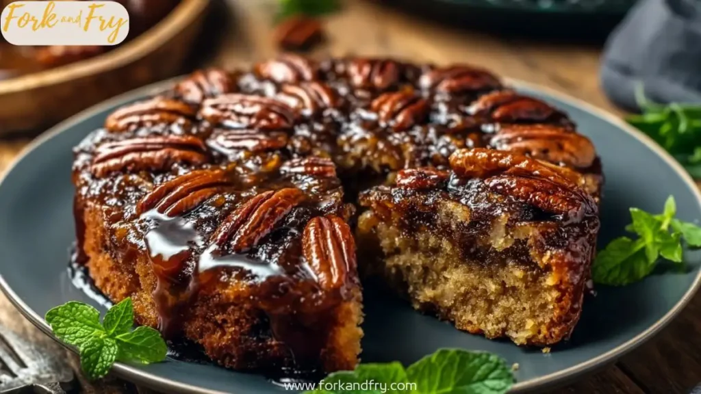 Golden Pecan Upside Down Cake with Caramel Glaze