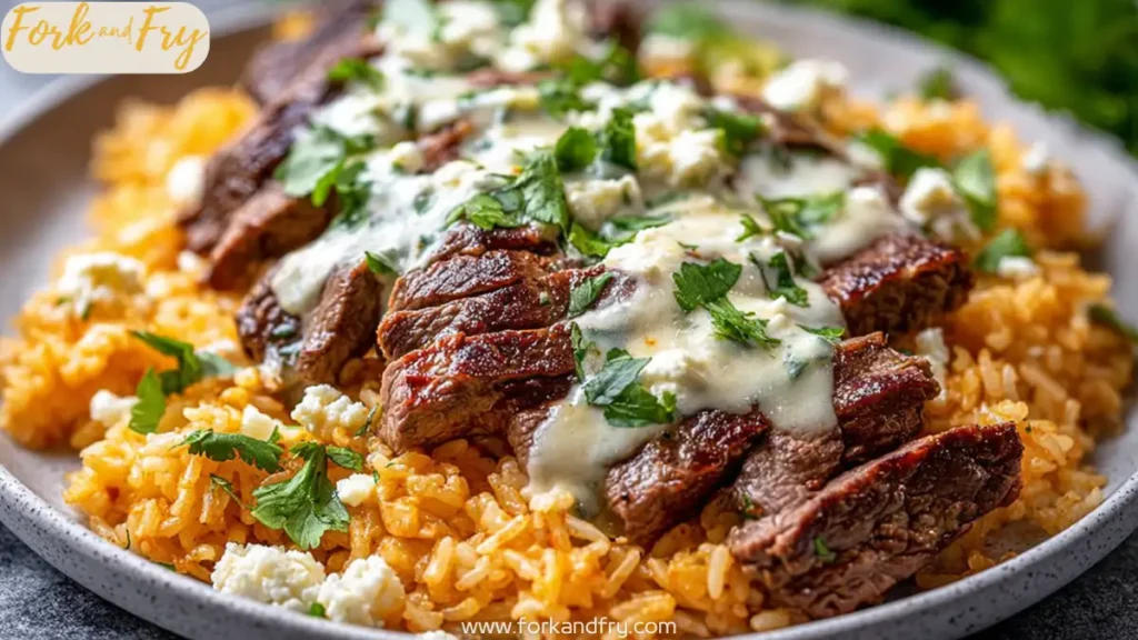 Steak & Queso Rice with Creamy White Queso and Fresh Cilantro