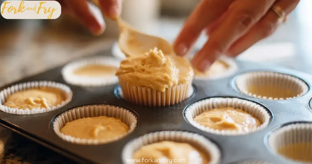 Scooping gluten-free carrot cupcake batter into liners