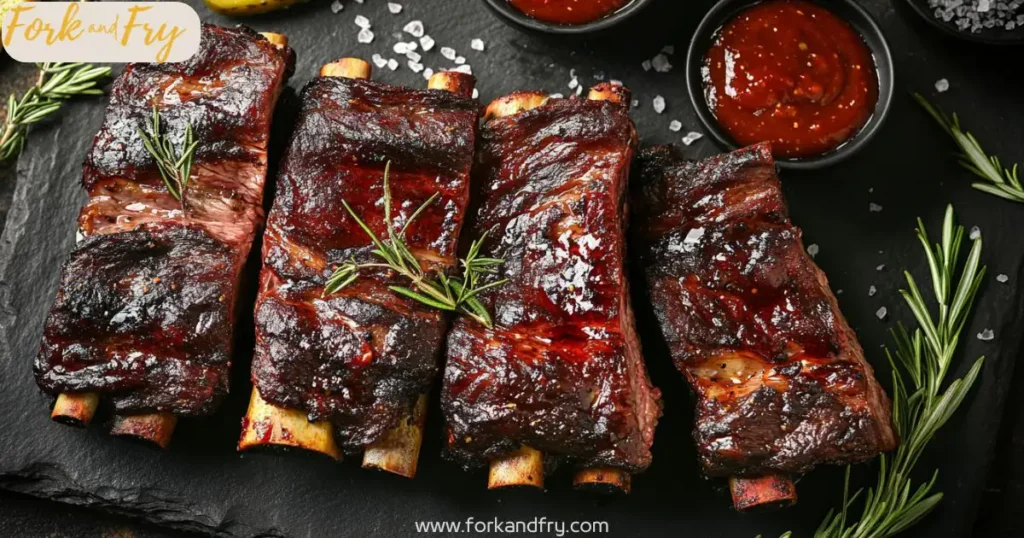 Grilled beef short ribs served on dark slate with sauce