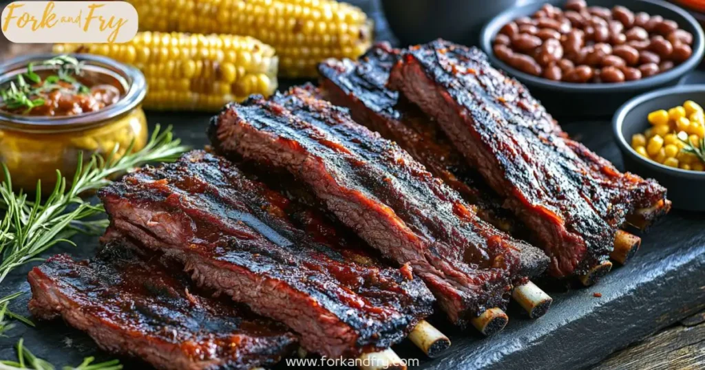 Grilled beef short ribs served on dark slate with sauce