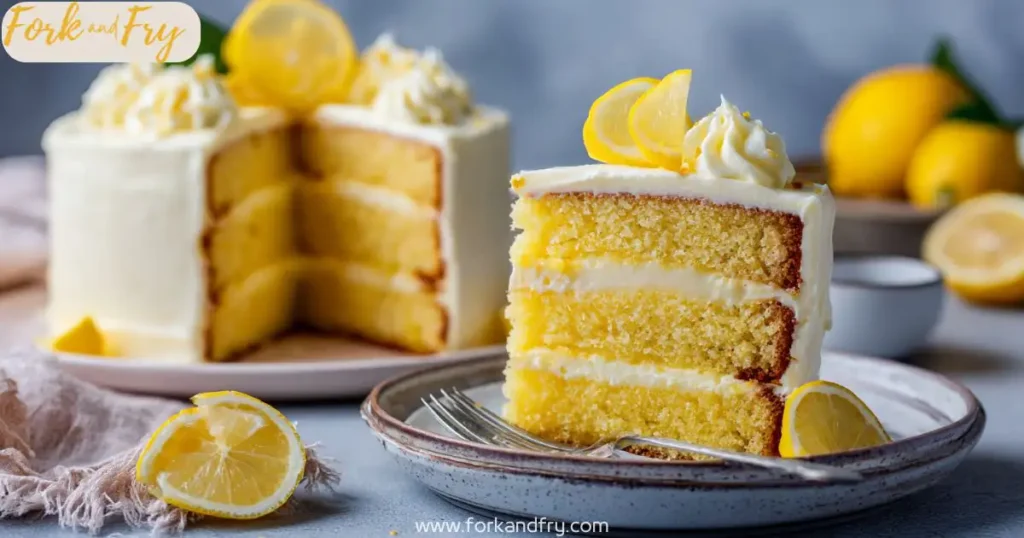 layered lemon mascarpone cake with lemon slices