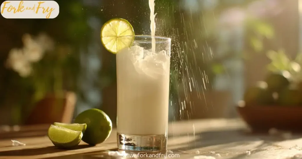 Pouring lime and coconut drink into serving glass