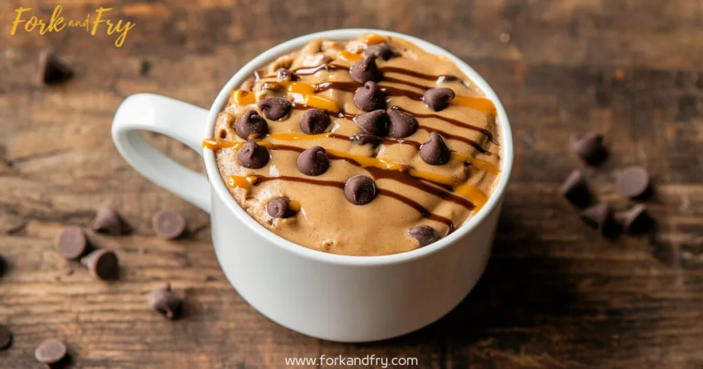 Single-serving protein mug cake topped with chocolate chips and peanut butter drizzle on wooden table