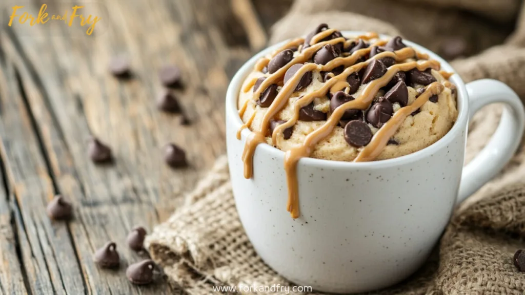 Single-serving protein mug cake topped with chocolate chips and peanut butter drizzle
