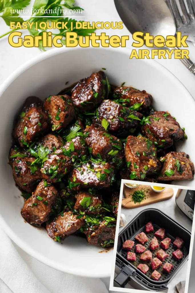Garlic Butter Steak Bites in a White Bowl with Fresh Parsley