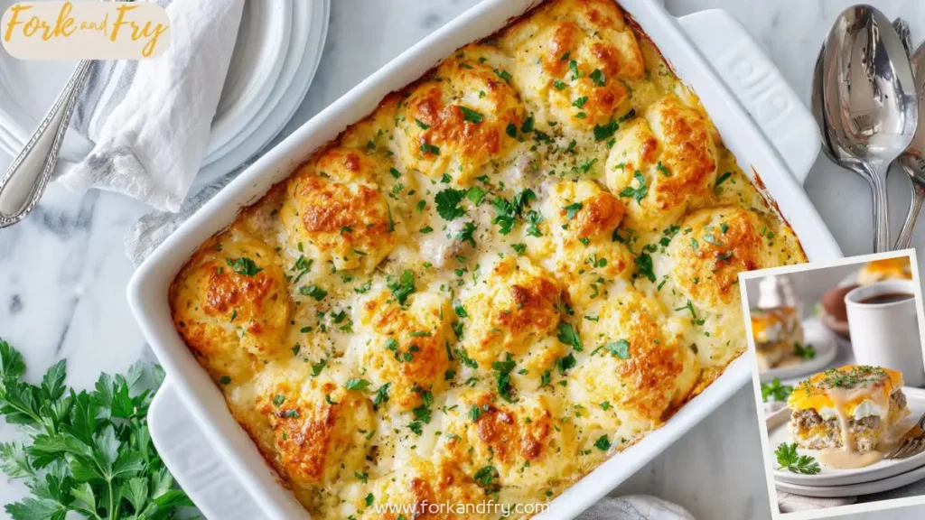 Biscuits and Gravy Breakfast Casserole with Sausage and Cheese
