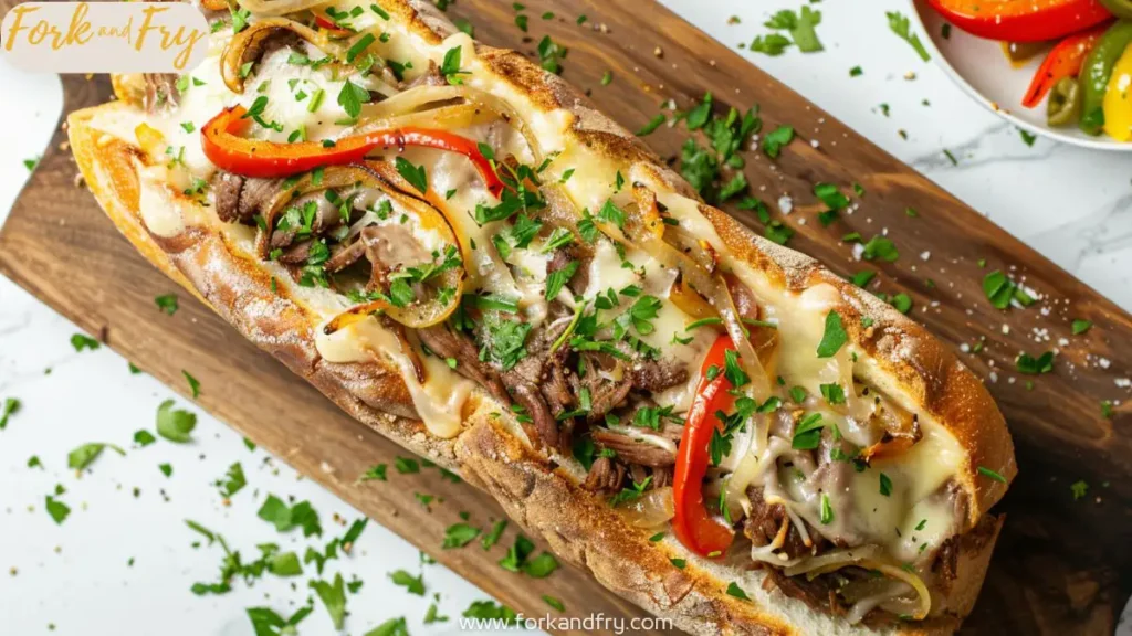 Cheesesteak-stuffed garlic bread loaf with melted provolone and sautéed vegetables on a cutting board