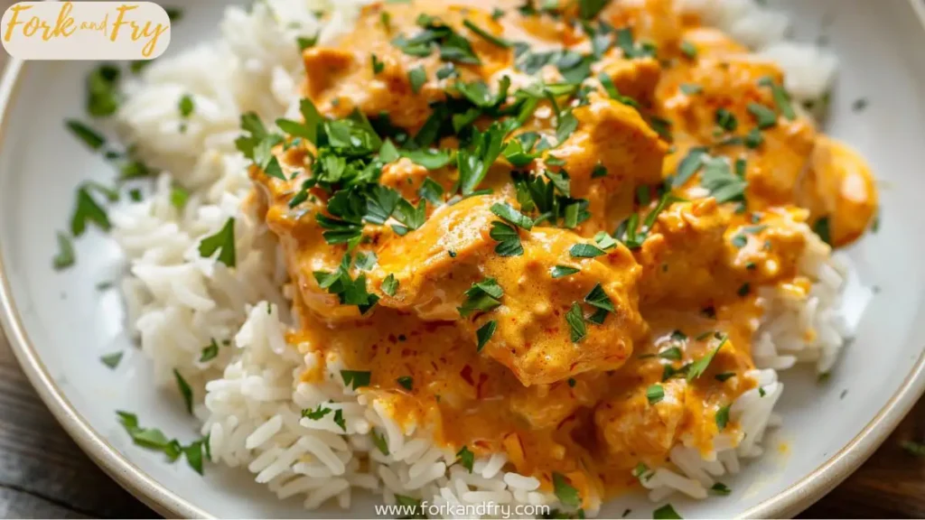 Creamy smothered chicken with cheese sauce served over white rice, garnished with fresh parsley on a white plate