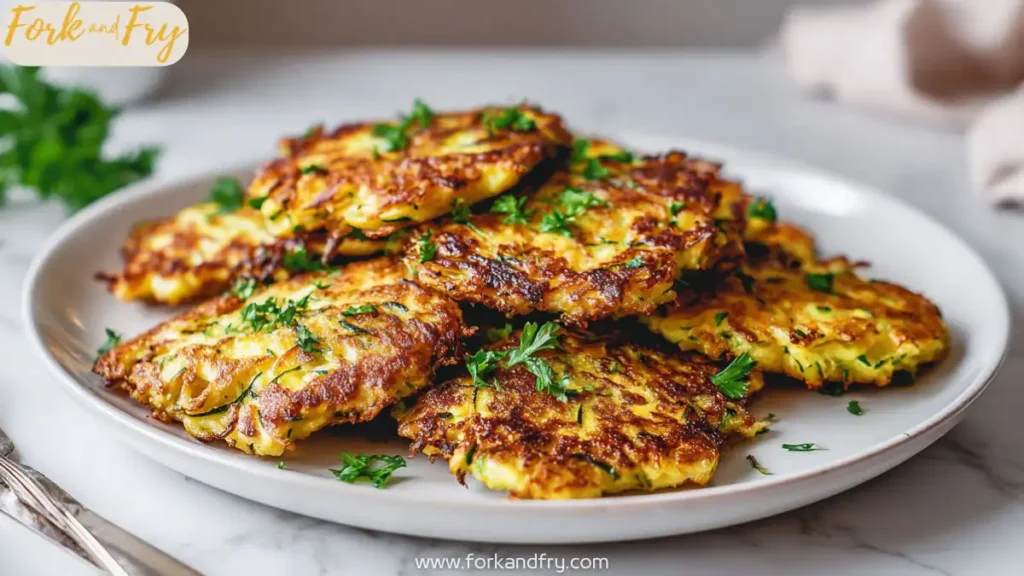 Golden Crispy Zucchini Fritters on a White Plate