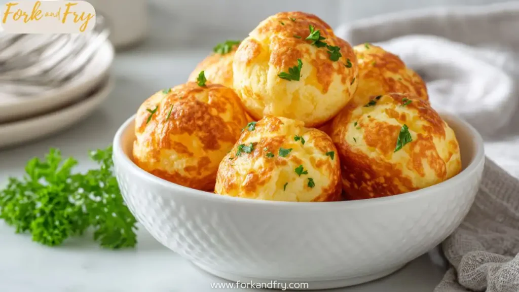 Freshly baked Brazilian cheese buns in a white ceramic bowl.