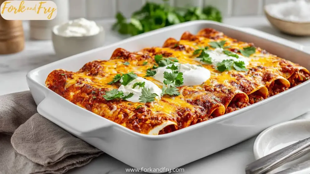 Cheesy Ground Beef Enchiladas in a White Baking Dish