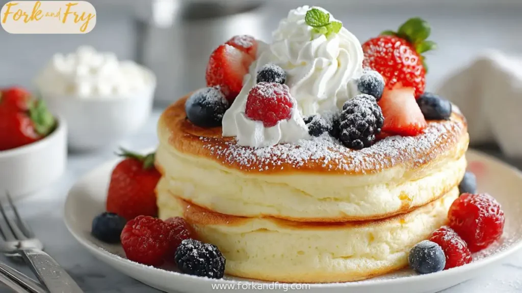 Fluffy Japanese Pancakes with Whipped Cream and Berries